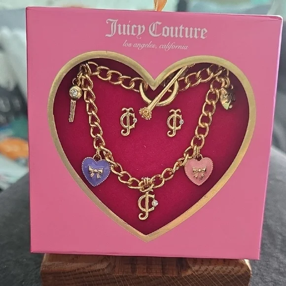 Juicy Couture Gold and Pink Charm Bracelet And Earring Set. - Picture 2 of 2